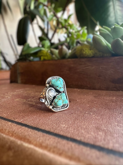Large Raw Turquoise & Feather Ring (Size 5.5)