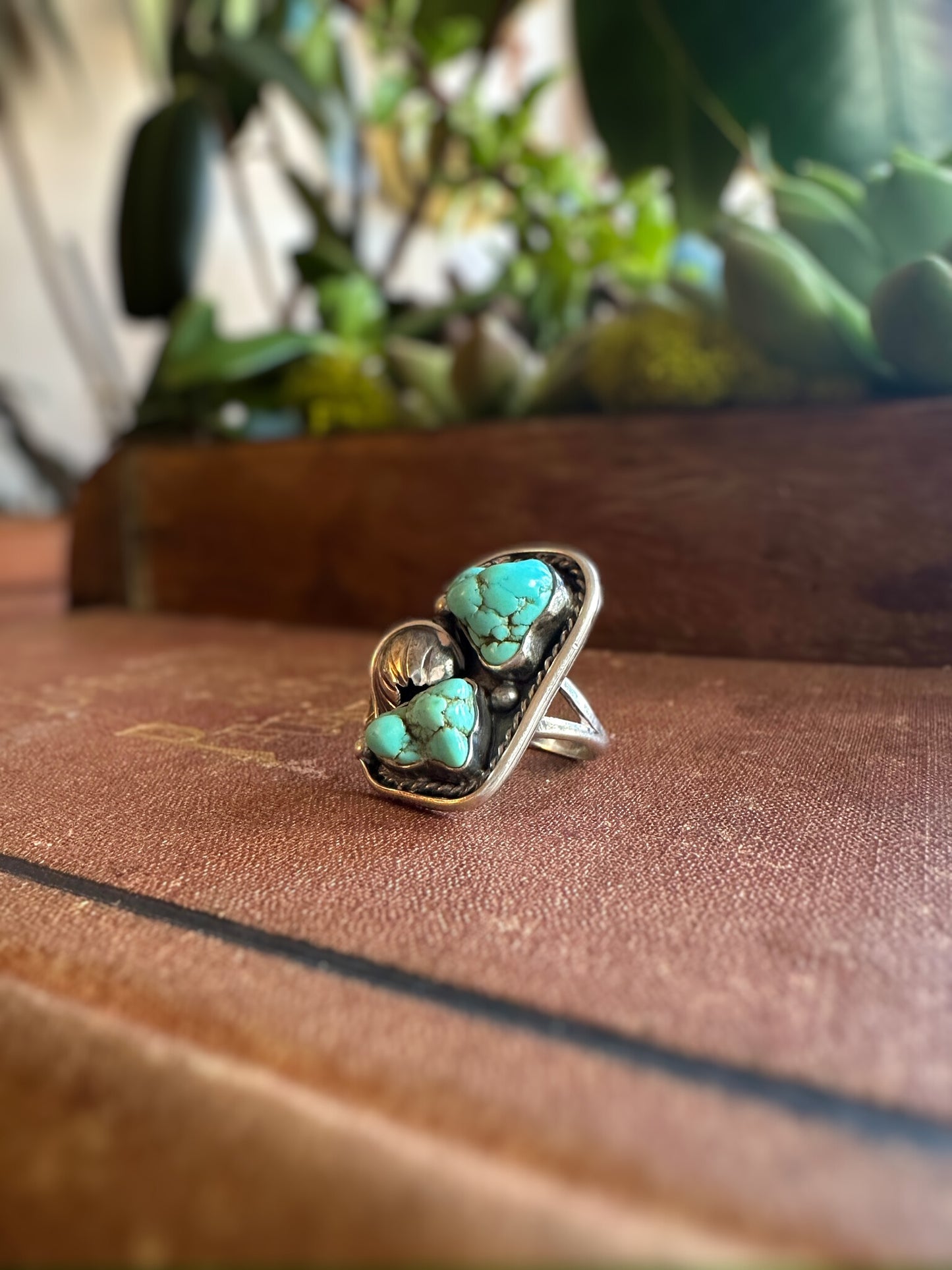 Large Raw Turquoise & Feather Ring (Size 5.5)