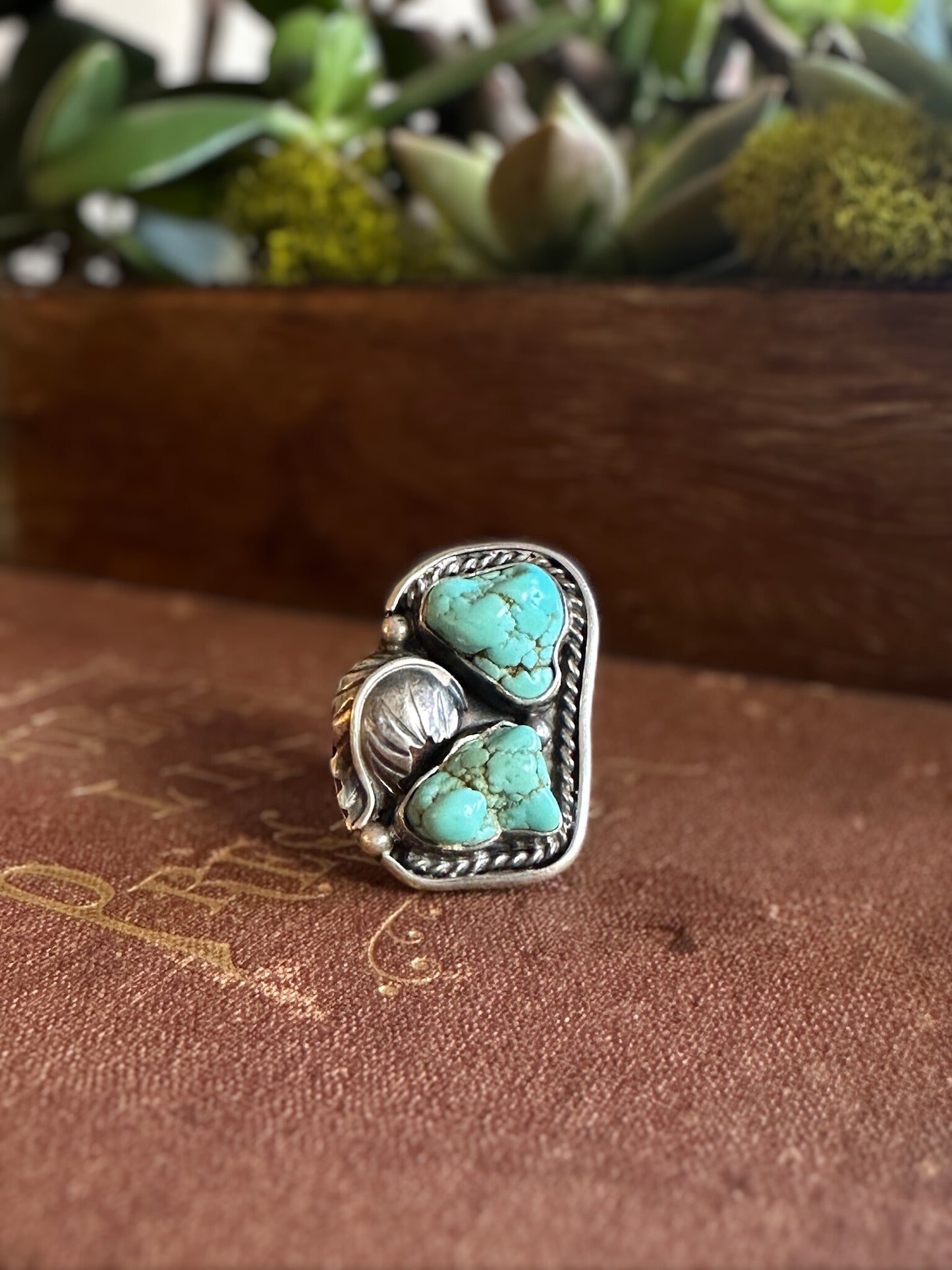 Large Raw Turquoise & Feather Ring (Size 5.5)