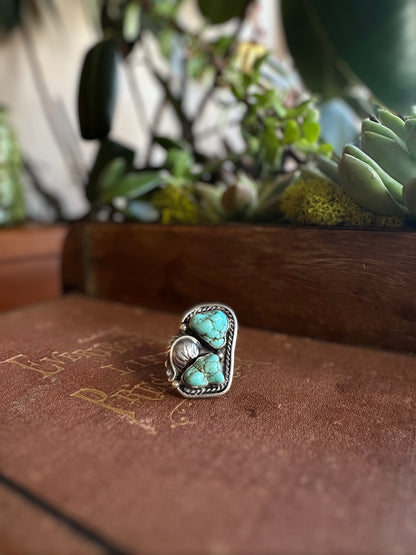 Large Raw Turquoise & Feather Ring (Size 5.5)