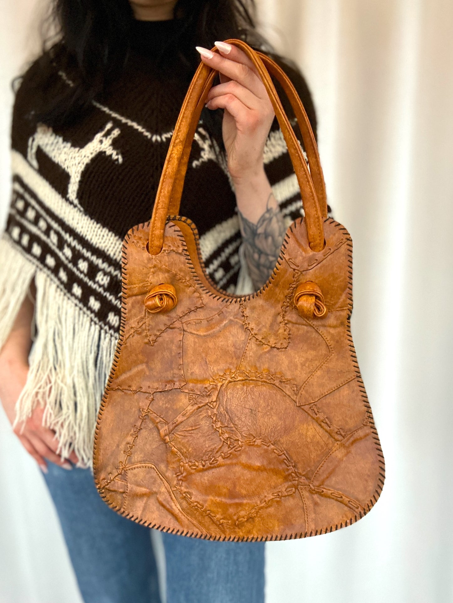 1970s Tooled Leather Patchwork Saddlebag