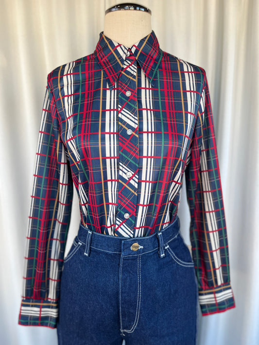 70s Donnkenny Plaid Poly Button Up