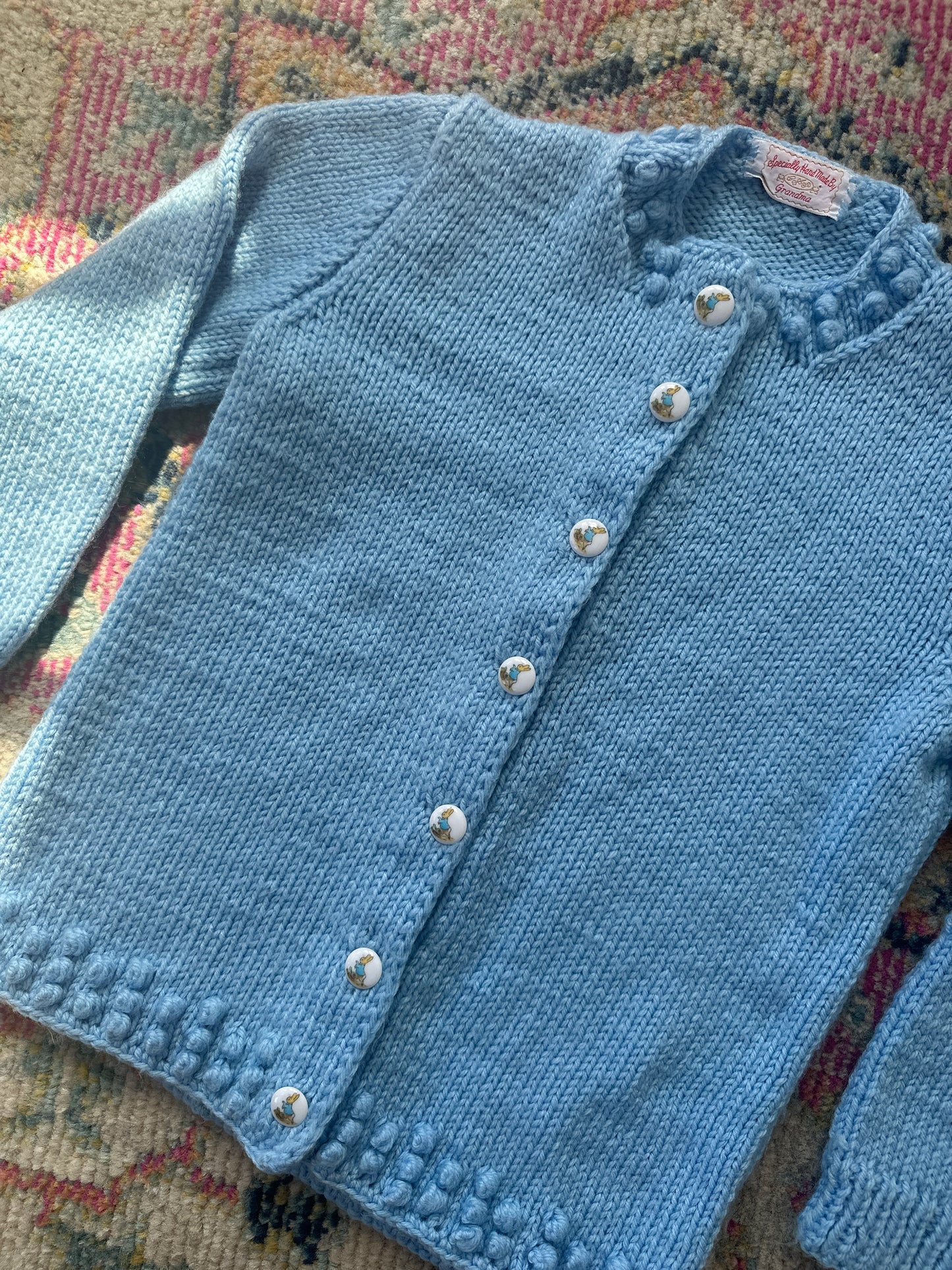 1970s Handmade Popcorn Knit Baby Blue Cardigan