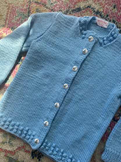 1970s Handmade Popcorn Knit Baby Blue Cardigan